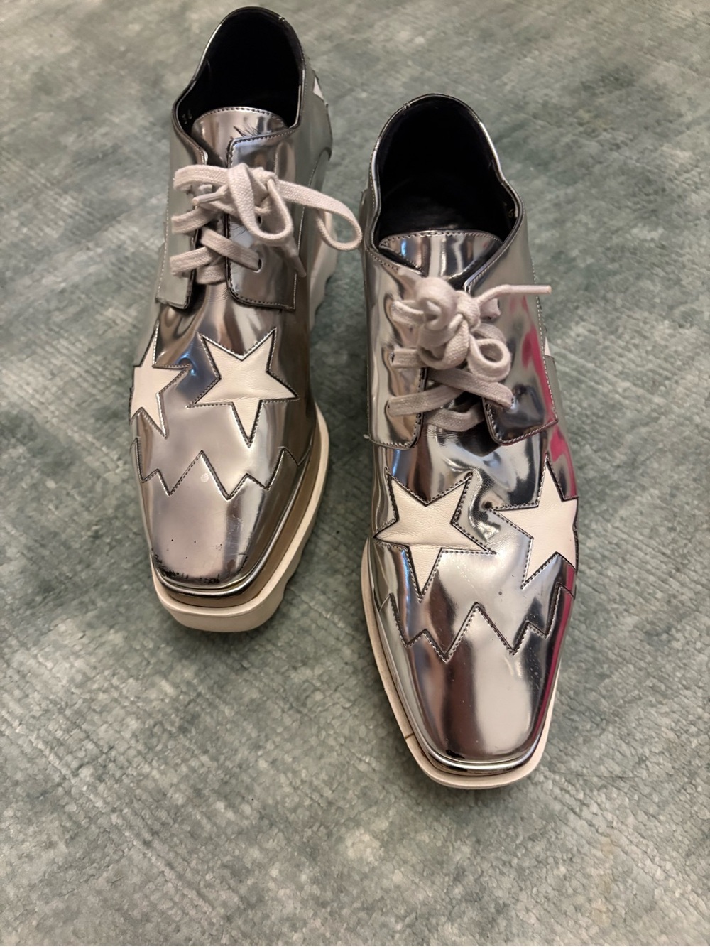 Stella McCartney Metallic Silver Star Lace-Up Platform Oxfords 36